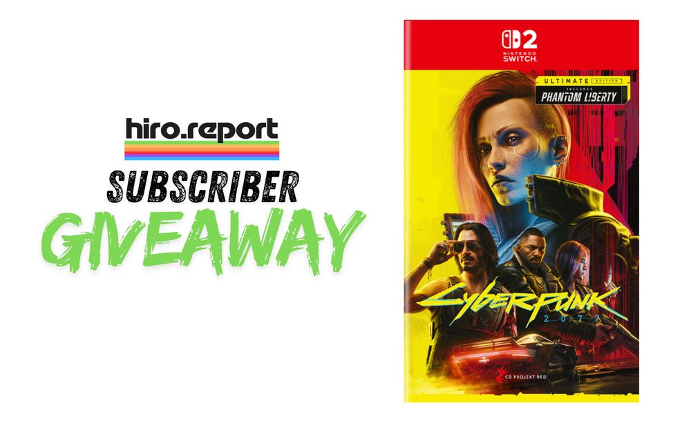The image shows a promotional graphic for a "hiro.report Subscriber Giveaway." On the left side, the text "hiro.report" is displayed above "SUBSCRIBER GIVEAWAY" in bold, colorful letters. On the right, there is a cover image of the game "Cyberpunk 2077: Ultimate Edition," featuring characters from the game. The Nintendo Switch logo is visible in the top corner of the game cover.