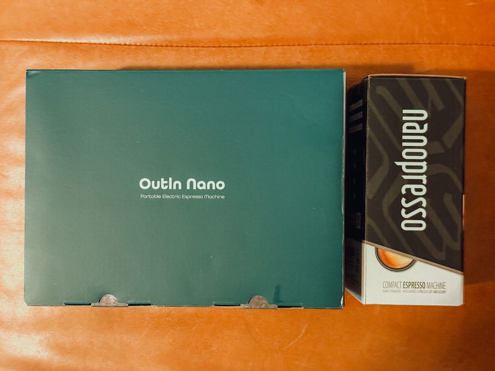 Photo of the boxes of the Outin Nano and Wacaco Nanopresso