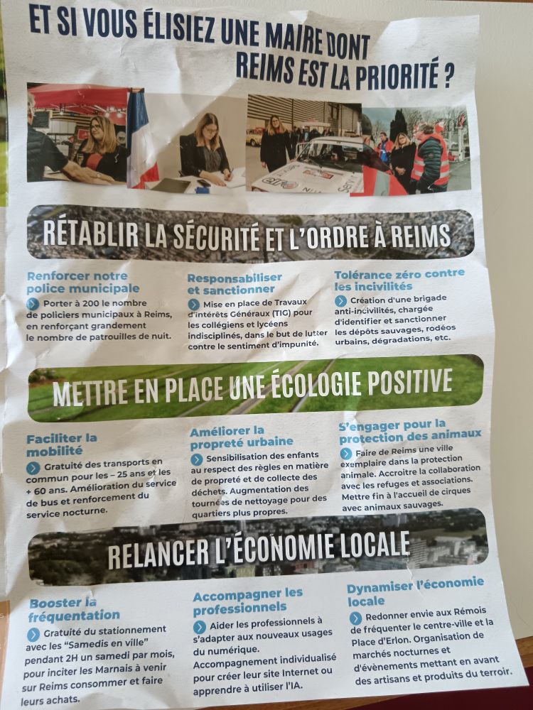 Brochure du rn pour la mairie de Reims ou ça parle de mettre des collégiens et lycéens 'indiscipliné' en travaux general, mettre en place une écologie positif tout en relancer l'économie local via la consommation les achats et  l ia.

Un jeux des 7 erreurs en sommes.
