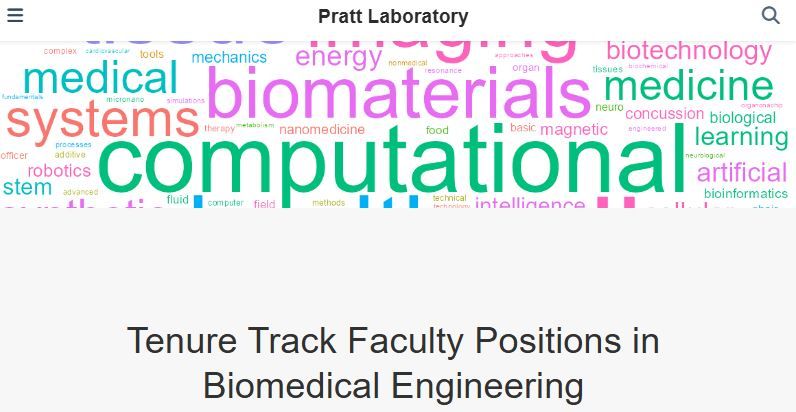Header of Pratt Laboratory website showing a colorful word cloud with terms like "computational," "biomaterials," "medical," and "systems," above the text "Tenure Track Faculty Positions in Biomedical Engineering." *alt-text generated using OpenAI GPT-4.1 mini*