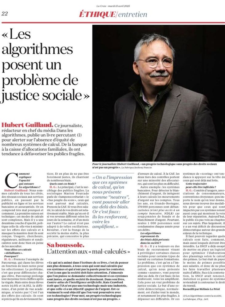 En interview dans le Journal La Croix du 15 avril 2025. 