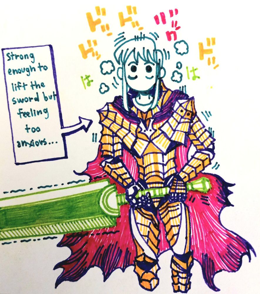 Silly pen doodle I made a long time ago🗡 - Komi wearing Gut's armor from Berserk. The text reads, "Strong enough to lift the sword, but feeling too anxious..."