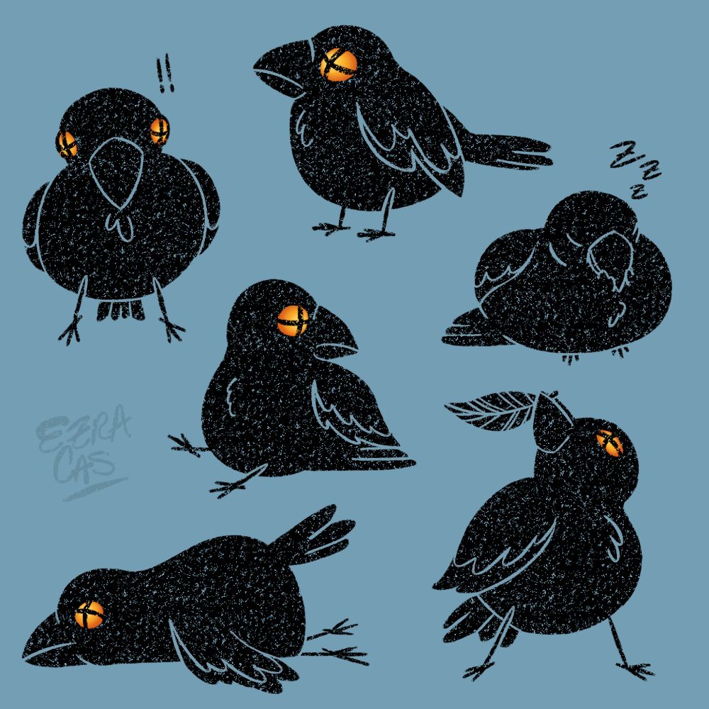 digital art of 6 different drawings of Virgil from the Legends of Avantris campaign Edge of Midnight. Virgil is a black crow with orange/yellow eyes, with cross shaped pupils. He is drawn in a very round cartoon-ish style. He is in various poses, such as standing, looking directly at the viewer, sleeping, sitting and looking to the side, laying on his stomach, and holding a feather above his head.