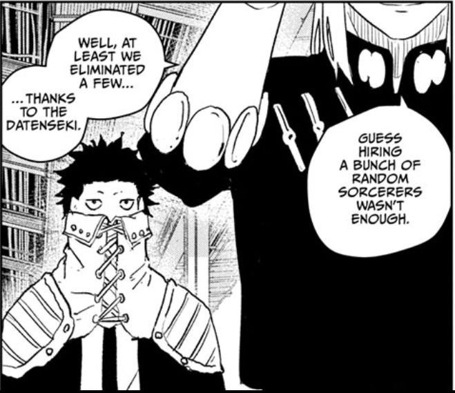 Hiruhiko and his partner.

Hiruhiko: "Guess hiring a bunch of random sorcerers wasn't enough. Well, at least we eliminated a few... thanks to the datenseki."