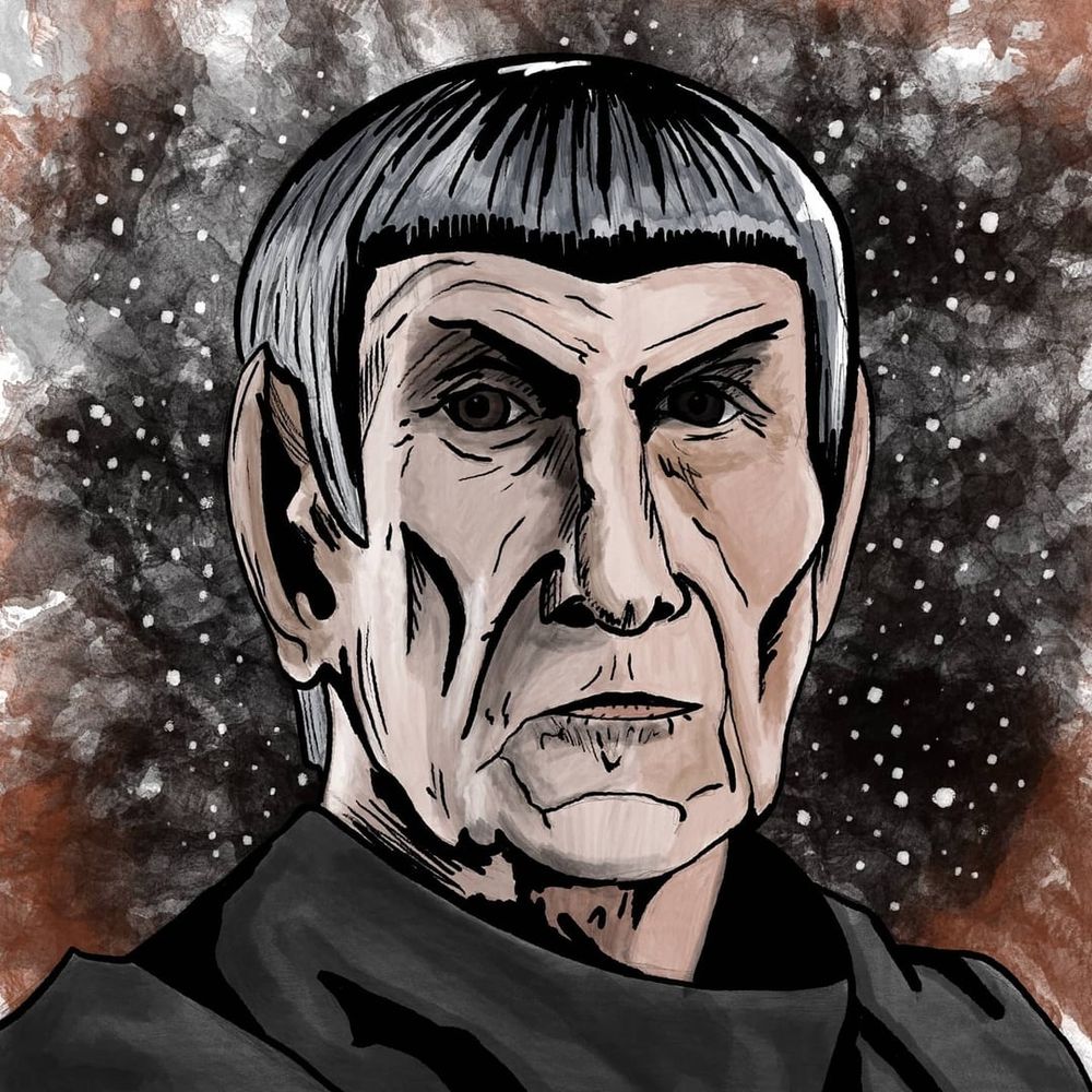 Portrait drawing of an older Spock against a start background