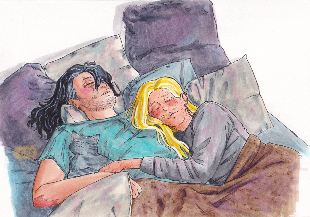 Aizawa Shouta and Yamada Hizashi from BNHA sleeping together on a bed covered in pillows and blankets.  Both of them have white/silver streaks going through their hair and have a few more lines on their face than canon, showing a hint of age.  There's a small silver tabby tucked into the crook of Shouta's arm.