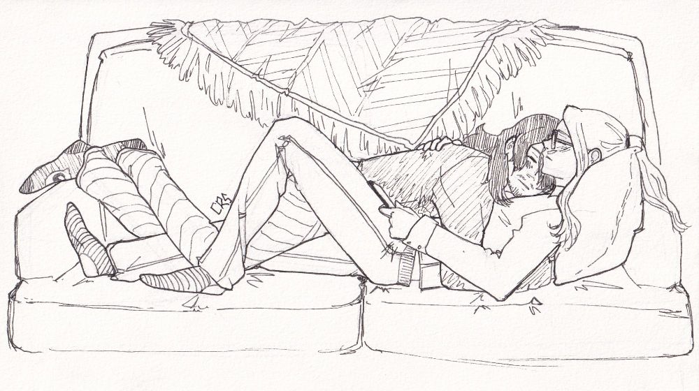 Aizawa Shouta and Yamada Hizashi asleep together on a couch.  Shouta's on top of Hizashi, his arms wrapped around his middle and head pillowed on Hizashi's chest.  He's wearing a long sleeved shirt, striped pajama pants, and socks with the Ganriki Neko cat on them.  Hizashi's on his back, head propped up by a pillow, and he has one arm around Shouta while the other loosely holds a phone.  He's earing a long sleeved shirt, sweat pants, and striped socks.  There's a decorative throw blanket over the back of the couch.