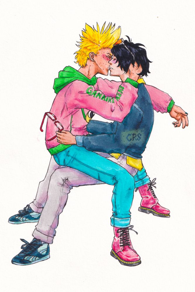 A drawing of teens Aizawa Shouta and Yamada Hizashi from BNHA kissing. Hizashi is sitting on Shouta's lap with his arms around Shouta's shoulders, one hand in Shouta's hair, wearing a pink and green Ganriki Neko hoodie, blue jeans, and pink Doc Martens. His hair is spiked up. Shouta has Hizashi's signature sunglasses on his head; he's wearing a dark blue sweater with a bright yellow button up underneath, gray jeans, and dark blue Rebox. He's holding Hizashi's reading glasses in one hand and has his eyes closed.