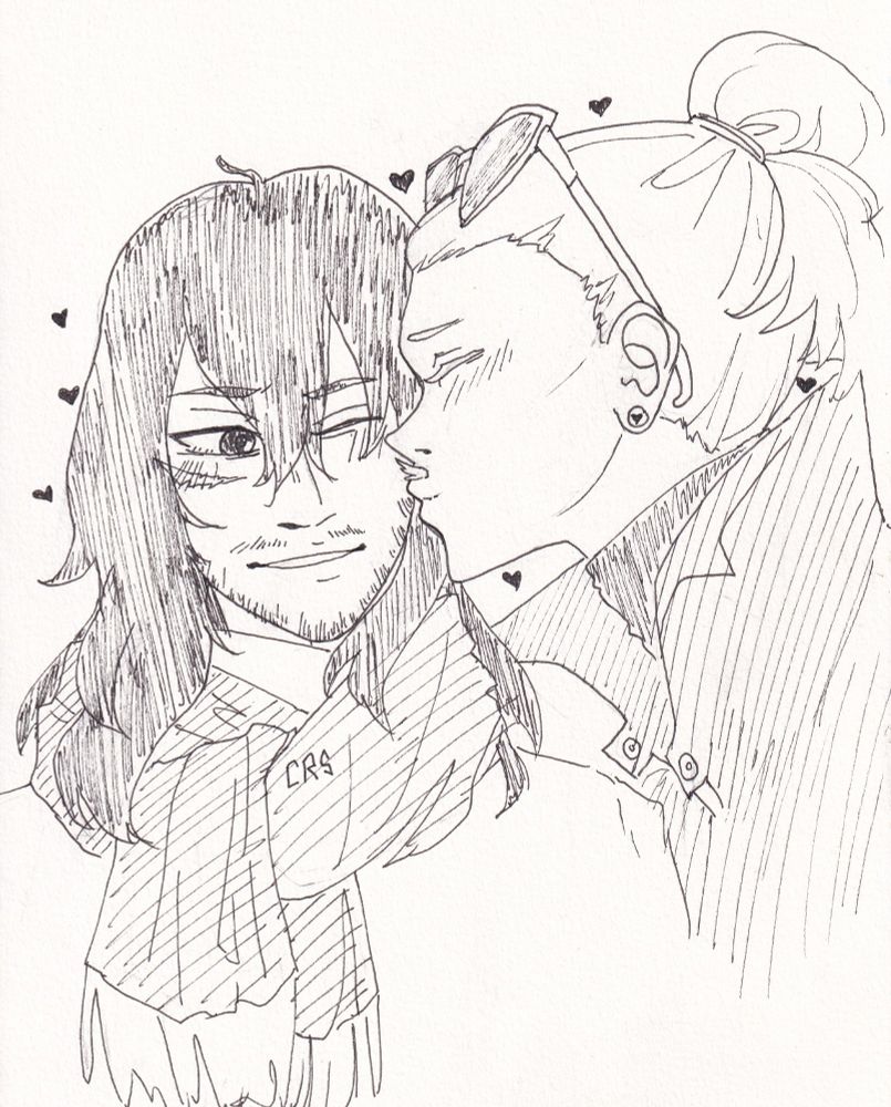 Yamada Hizashi from BNHA kissing Aizawa Shouta from BNHA on the cheek. Shouta's wearing a turtleneck and a thick scarf around his neck.  He has one eye squinted shut from the kiss, and he's smiling.  Hizashi's wearing a jacket with the collar popped up and a dark turtleneck, and his trademark sunglasses are propped up on top of his head.  There are a few hearts scattered around him, and the earring in Hizashi's ear also has a heart.