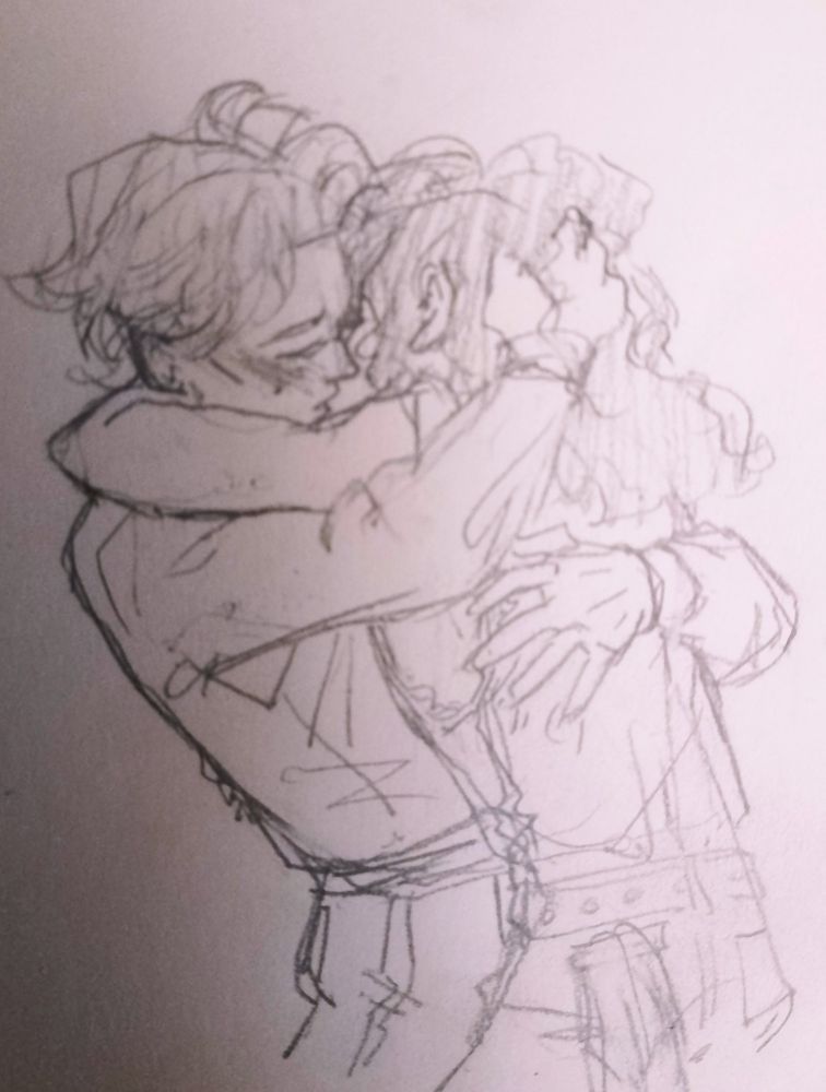 A sketch of Steve and Eddie from Stranger Things making out. Steve is absolutely wearing that goddamn yellow sweater even if you can't tell because it's just a black and white sketch. We Stan that sweater in this house.
