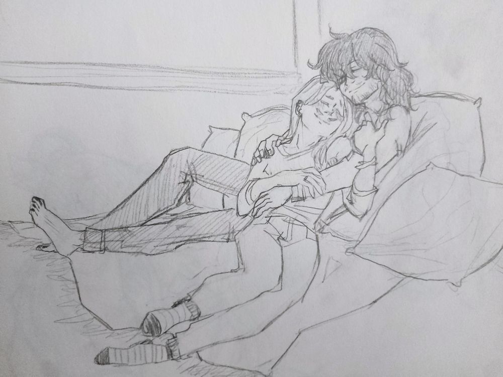 A sketch of Aizawa Shouta and Yamada Hizashi from BNHA cuddling together on a pile of pillows next to a window.
