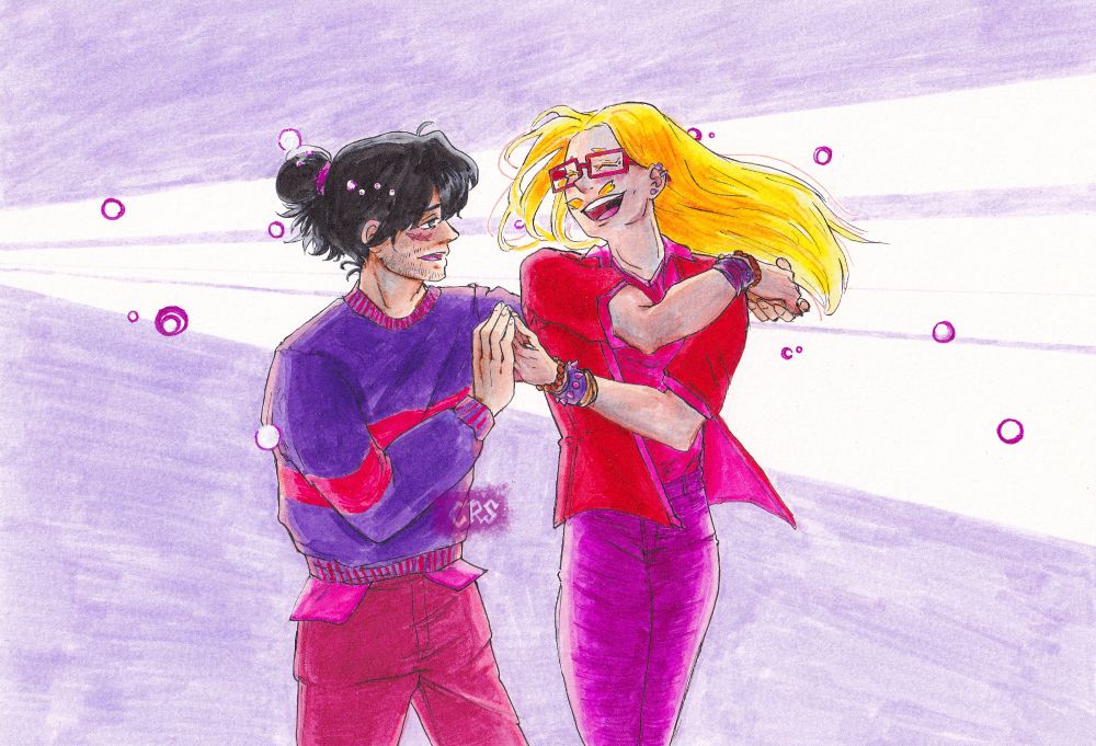 Aizawa Shouta and Yamada Hizashi from BNHA dancing together, hands clasped together and smiling. Hizashi has just twirled into Shouta's hold, laughing and hair flying out around him, and Shouta is looking at him with a very soft expression. There are soft bubbles floating around them and a lavender background.