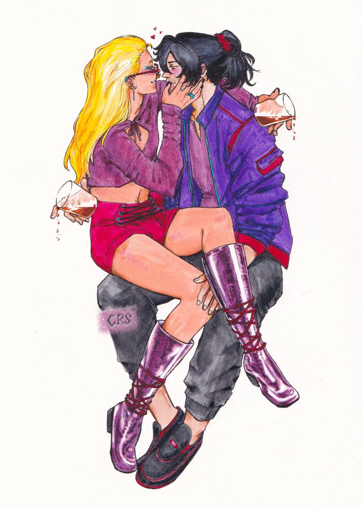 A drawing of Aizawa Shouta and Yamada Hizashi from BNHA being tipsy and intimate. Shouta's dressed loose club clothing, a jacket pants, and loafers, and he has an arm wrapped around Hizashi's middle. The hand around Hizashi's middle holds a glass, and it's spilling a drink, and his other hand is resting on one of Hizashi's knees. He's staring at Hizashi's face like he wants to kiss him. Hizashi is dressed in more revealing clothes, a crop top, short shorts, and shiny boots. His shorts do nothing to hide his bulge. One arm is around Shouta's shoulders, and that hand is holding a glass which is spilling his drink. His other hand is on Shouta's face, his thumb pressing down on Shouta's lower lip. He has one leg crossed over Shouta's hand that's resting on his knee as if trying to keep it there. There's a wedding ring on his hand.

They're horny and in love, your honor.