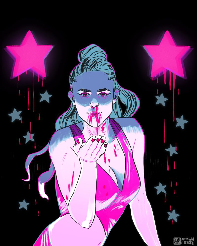 Menacing illustration of sue from the substance. She has a very dark shadow cast on her in shades of pale cyan. Red eyes. Blood running down her nose and mouth. She’s blowing a kiss. There are two stars on each side of her dripping blood, with some muted blue color stars raining down on each side

Tw blood 
#horror #horrorsky #horrorart #thesubtancemovie