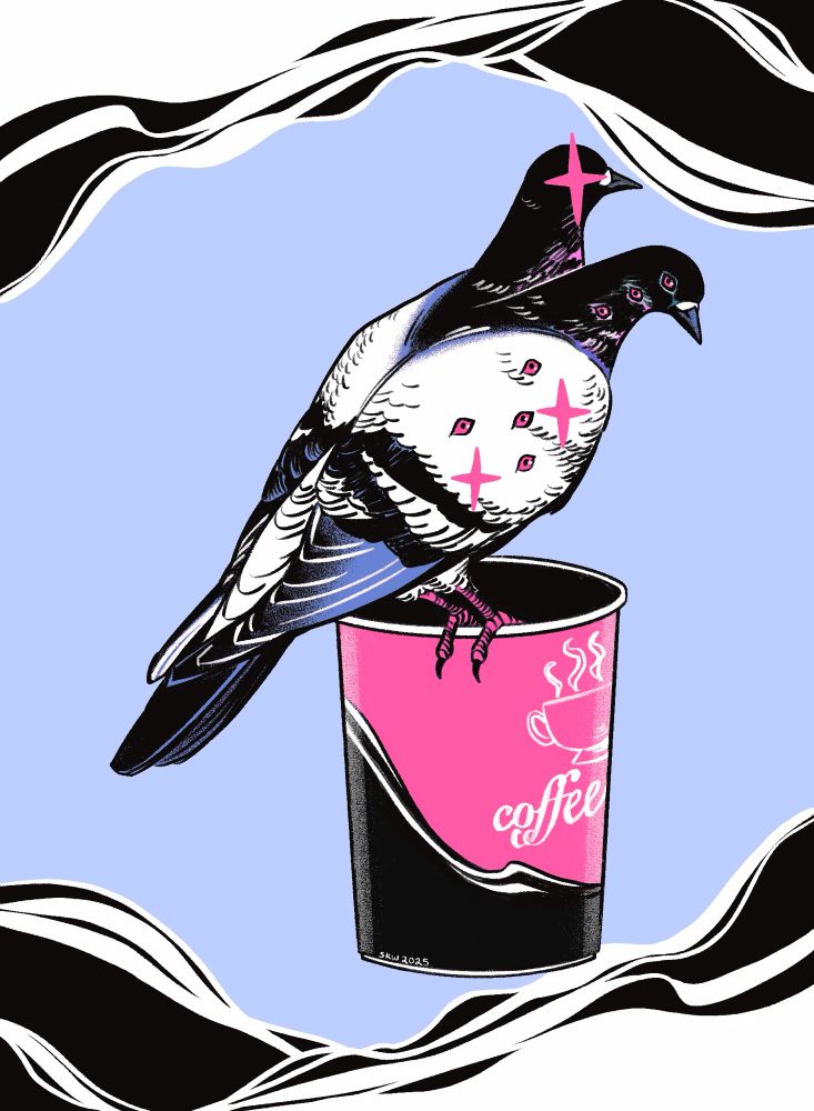 Two headed pigeon with lots of glowing eyes on a coffee cup