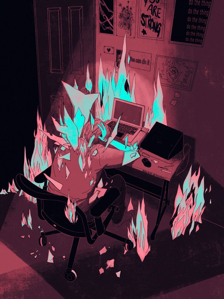 Drawing of a person at their desk looking distressed. They have shards of glass and fire sticking out of them. There’s inspirational posters on the wall.