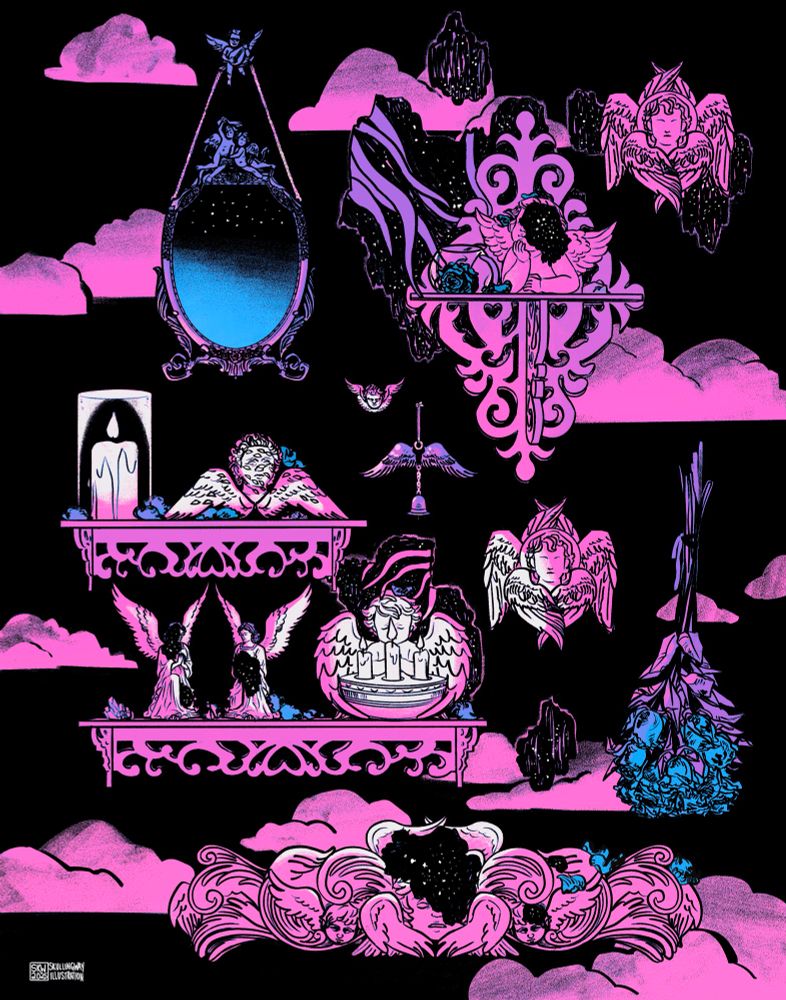 An illustration of a wall painted with pink clouds on a black background. The wall is decorated in shelves, dead roses, crystals, candles and angel statues. They’re corrupted with a strange void like substance, there’s openings in the walls showing hints of a strange tentacle monster 