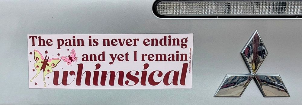 Photo of bumper stick on Mitsubishi that reads "The pain is never ending and yet I remain whimsical"