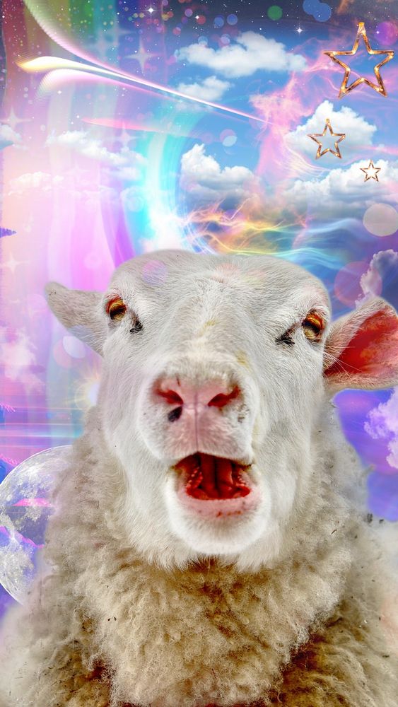 East Friesian-Dorset-Tunis cross Dairy ewe in front of a space cloud rainbow glitter backdrop. 