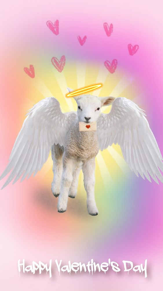 White Lamb(looks like a meat breed-texal cross maybe?) carrying a letter with a heart seal, wings open cause it just landed, a glowing halo slightly tired due to the escapades, scribble hearts floating above in a rainbow glowing background.  Written below in text: Happy Valentine's Day 