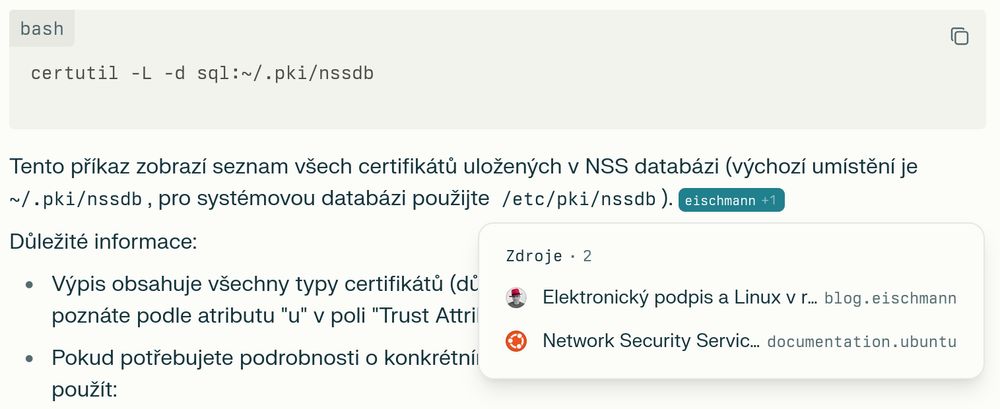 A screenshot of an answer by Perplexity AI about quering an NSS database. Blog.eischmann.cz is noted as a source of the information.