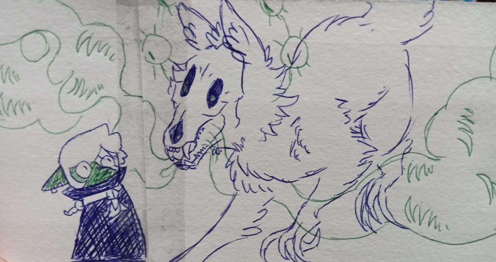 Narpee is looking up at Berith in what might be fear or astonishment. Berith is in his bestial form, donning a coyote skull for a face and the body of a canine with long claws instead of paws. Smoke billows out of Berith's mouth.