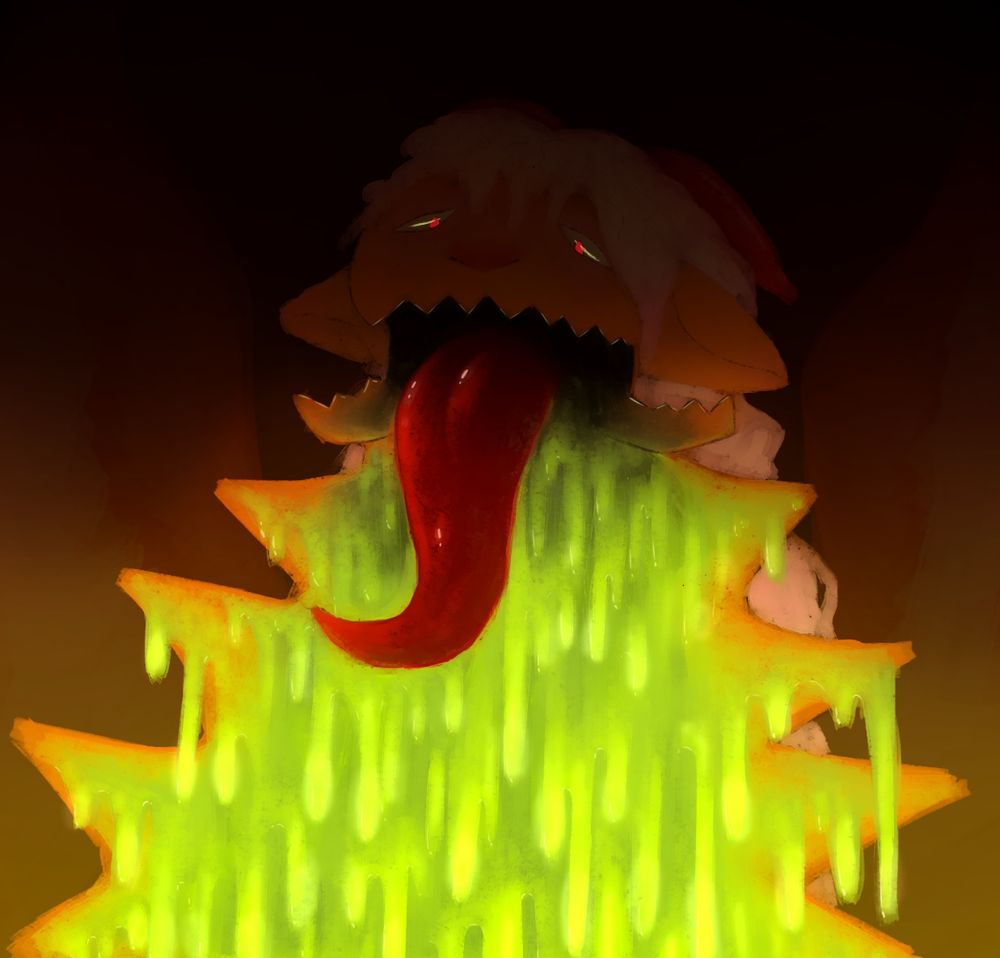 A creature with long ears and red horns looming over the viewer. Green slime spills from its mouth which splits down its entire body.