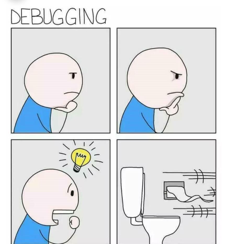 4 Pictures describing the Debugging process. The first 2 are of a person thinking. The 3rd is of them having a great idea. The 4th pic is them racing off of the toilet to go implement it.