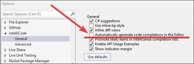 Screenshot of the Visual Studio options showing Tools → Options → IntelliCode → General → Automatically generate code completions in the Editor being unchecked to disable automatic code completions, so you would manually use Alt+, or Alt+. on demand instead.