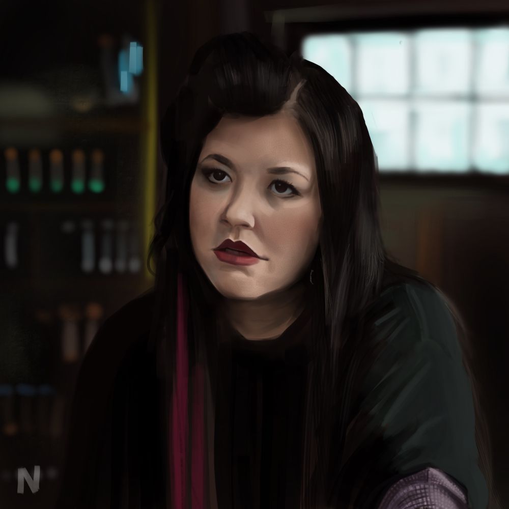 A portrait of a woman with black hair, looking very bored and jaded. Digital painting.