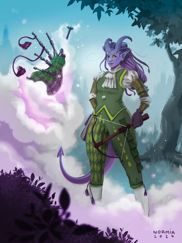 Un dessin qui représente une thieffeline, une humanoïde à la peau violette avec des cornes de démon, vêtue de vert, qui porte une arbalète. À côté d'elle, une cornemuse magique flotte dans l'air entourée d'un nuage rose vaporeux. Il s'agit d'un fan art de Corb, personnage de la Bonne Auberge, un actual play français produit par le Studio 17.