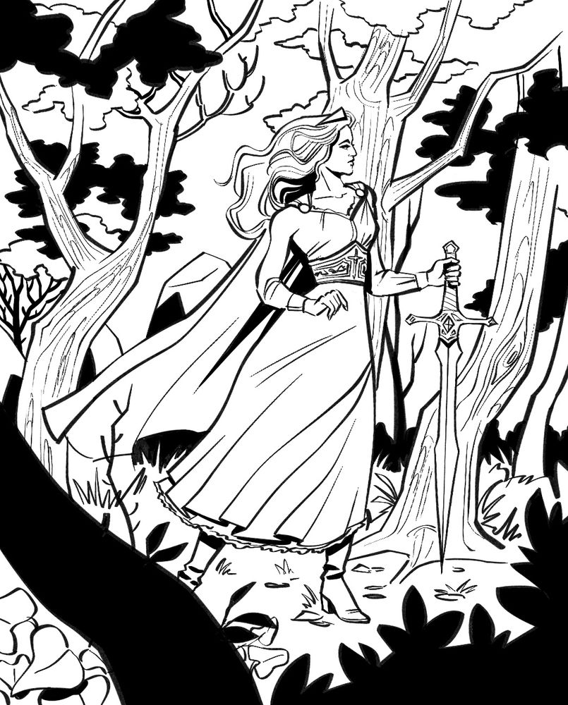 Dessin en noir et blanc style comics. Une femme portant une robe, une cape et un diadème tient une épée dans sa main gauche. Elle regarde vers le bord droit, hors champ. Elle est debout au milieu d'une forêt, entourée d'arbres.