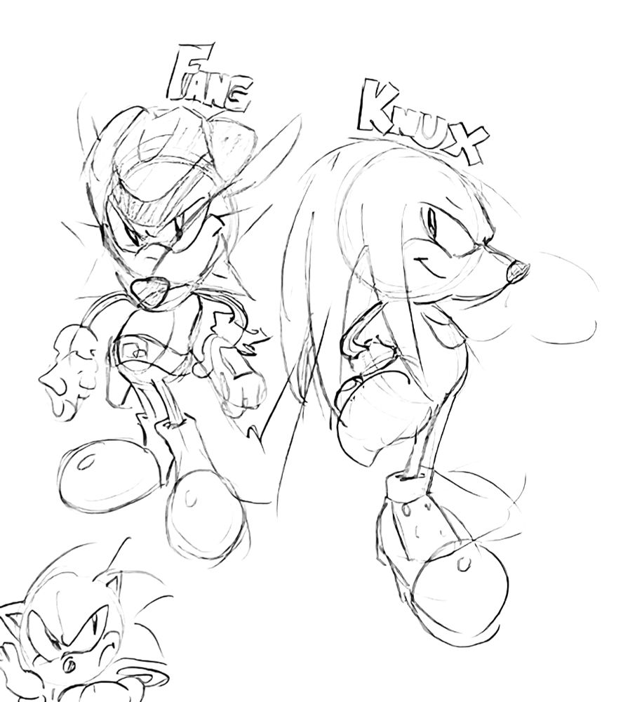 Fang, and Knuckles. Sonic looks up angrily.