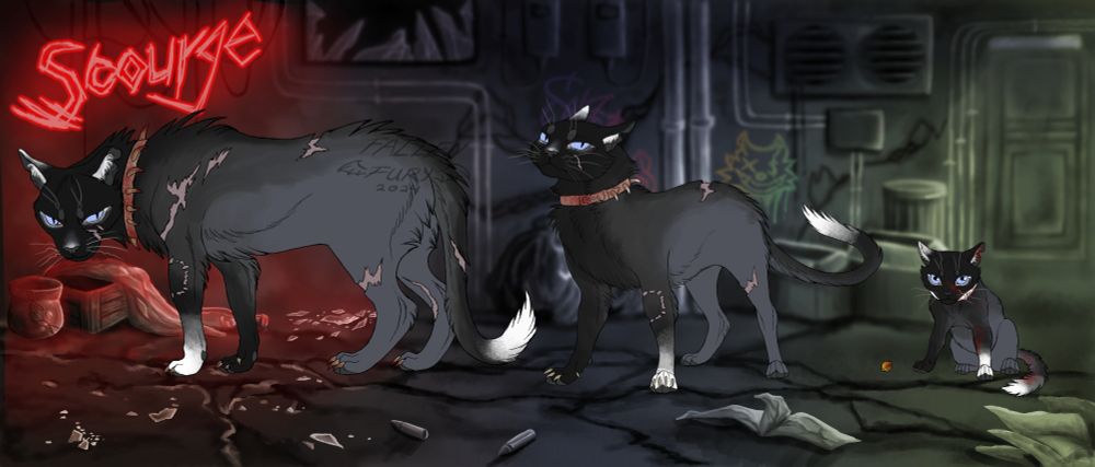 a digital drawing of Scourge, a black cat with a single white paw and spiked collar from Warrior Cats 