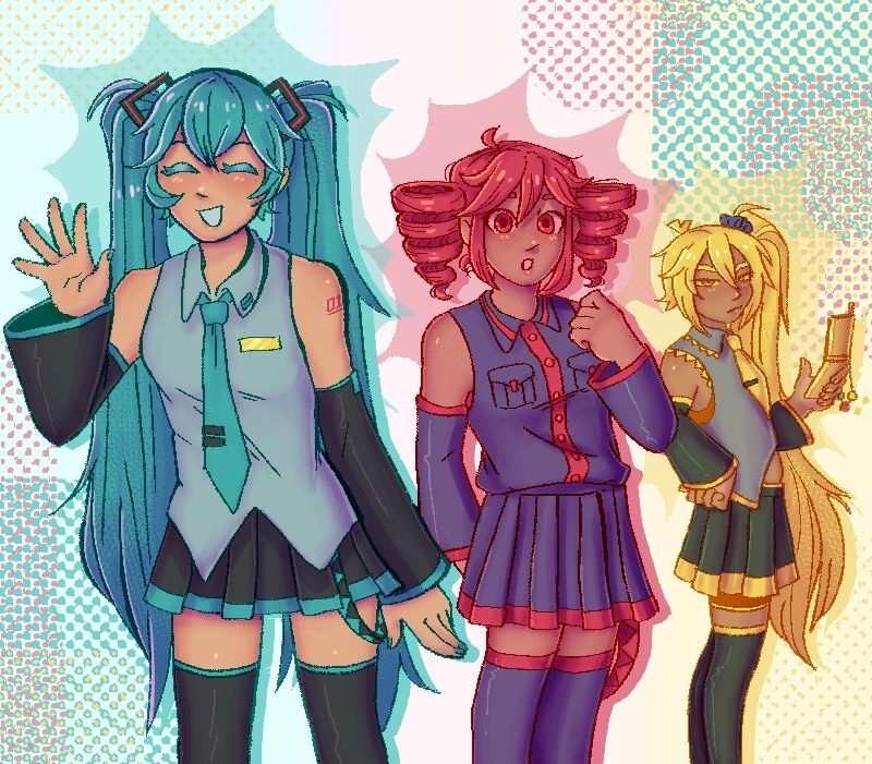 From left to right: Miku smiling and waving at the camera, Teto staring curiously, and Neru glaring at the viewer, continuing to type on her phone.