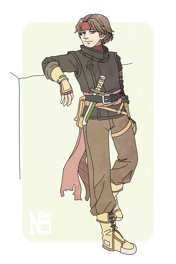 art of volke from fire emblem: path of radiance. he's leaning coyly against a sketched wall or something. 