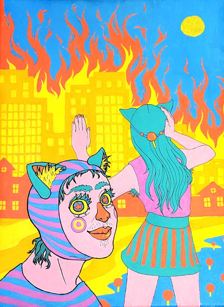 acrylic painting of a pair of off-putting cat people against a city skyline that's ablaze. like literally on fire. 