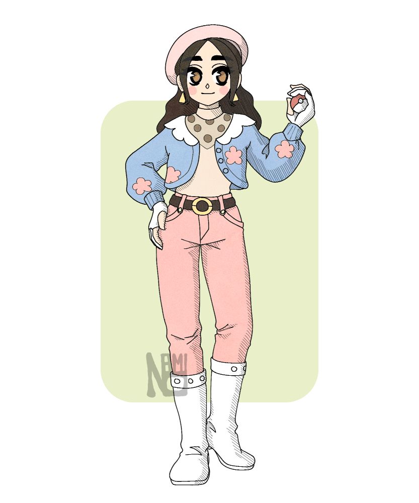 art of my pokemon trainer, winder. she is wearing a pastel but kinda gaudy outfit and she looks pleased about it.