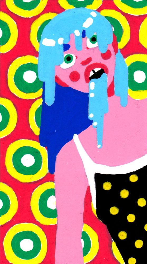 posca marker painting of a pink woman with blue hair. she is drooling