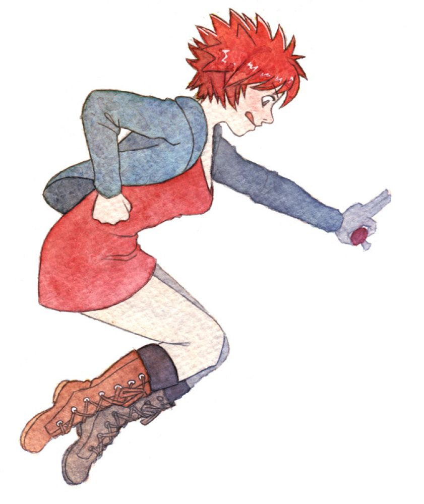 watercolor painting of katie. she's grabbing a mushroom and jumping.