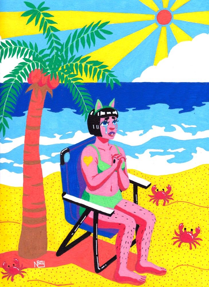 acrylic painting of a very sunburned woman on a beach. she's crying because she forgot her sunscreen presumably