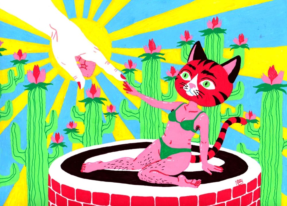 painting of a woman with a cat head hearing the voice of god and finding it overrated. 