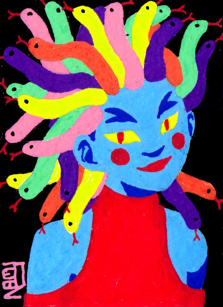 painting of medusa but her hair is rainbow snakes