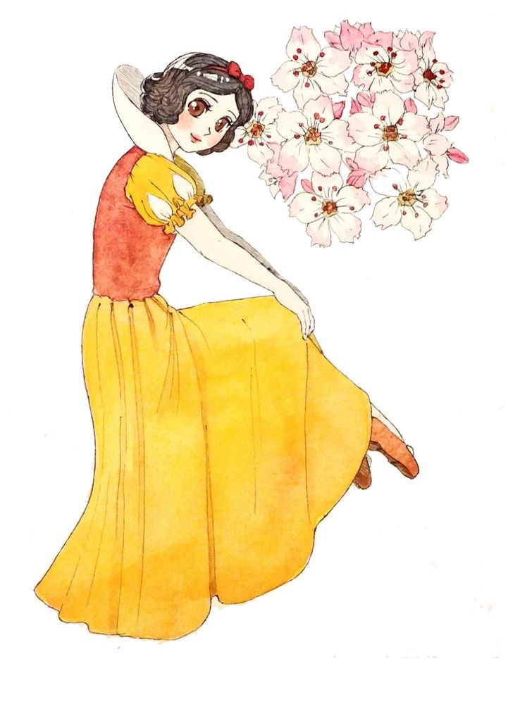 watercolor painting of disney's snow white in an autumny color palette. there are apple blossoms near her head. they're just kind of hanging out or whatever. 