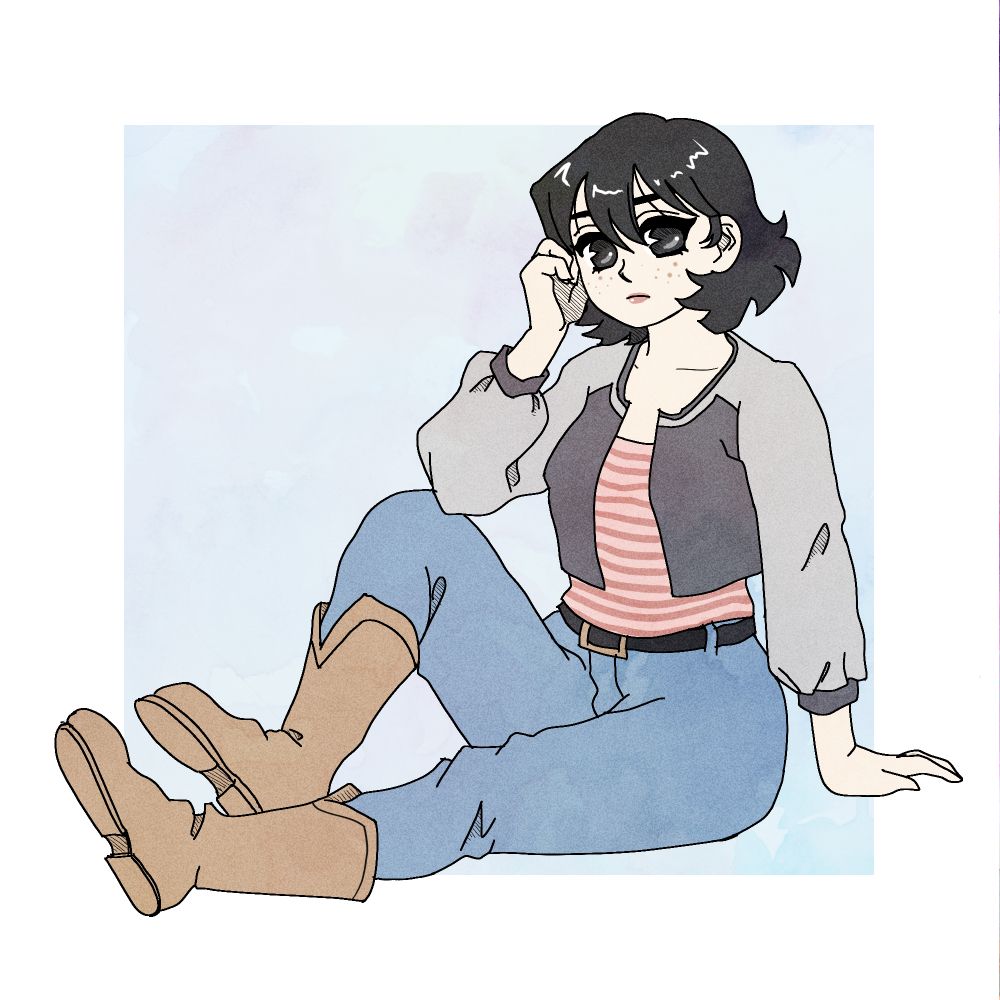 art of rachel from dumbing of age. she is chilling. she is judging you. she is multitasking. 