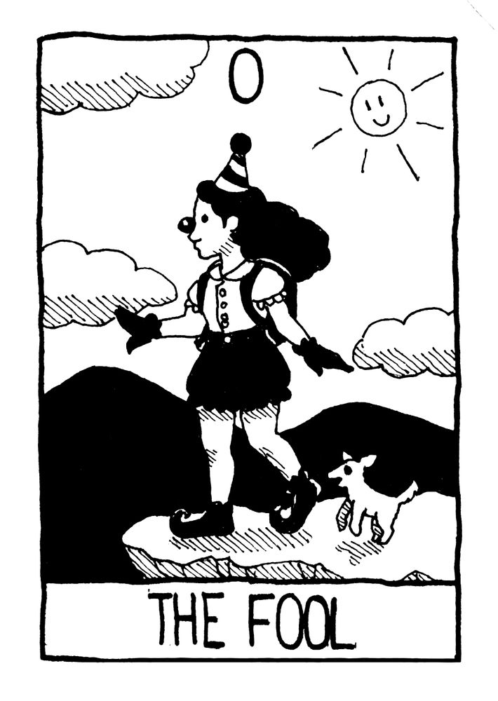 black and white drawing of the tarot card "the fool"