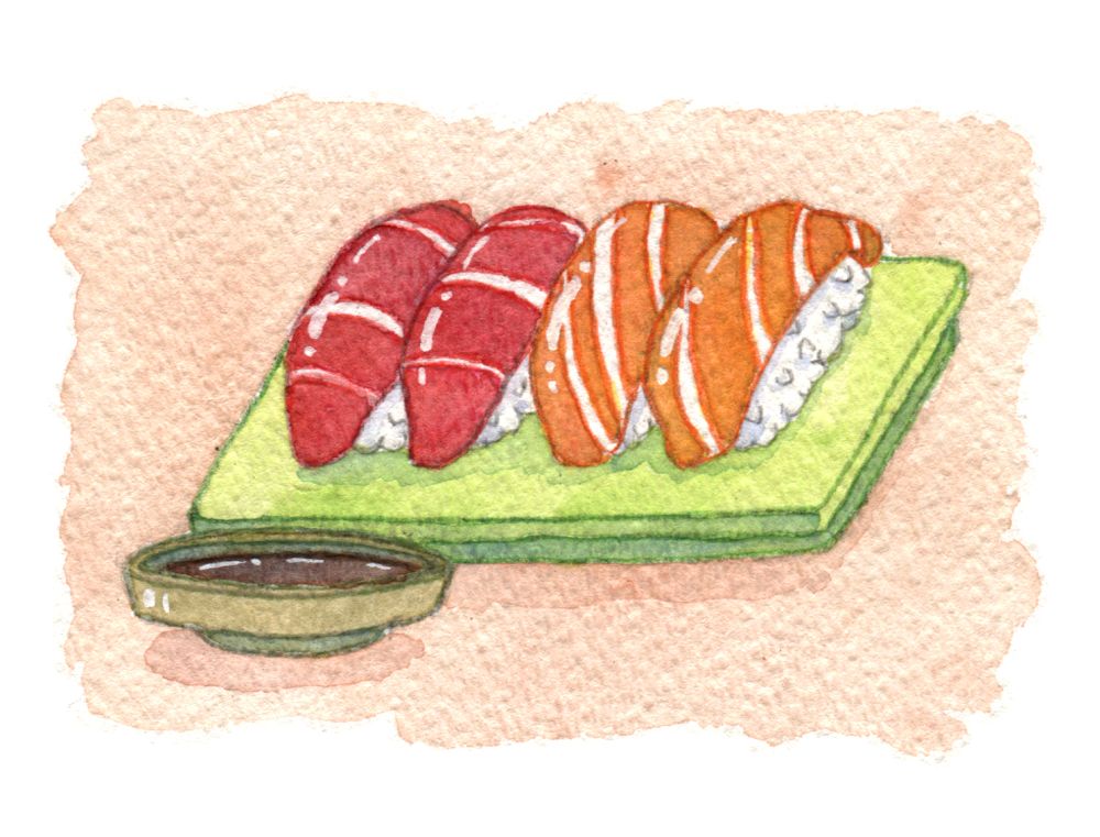 watercolor painting of two pieces each of tuna and salmon nigiri.