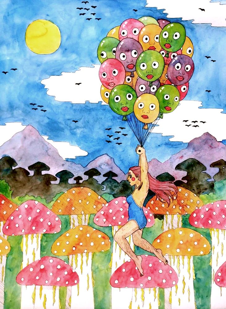 painting of a woman held aloft by balloons over a forest of mushrooms.