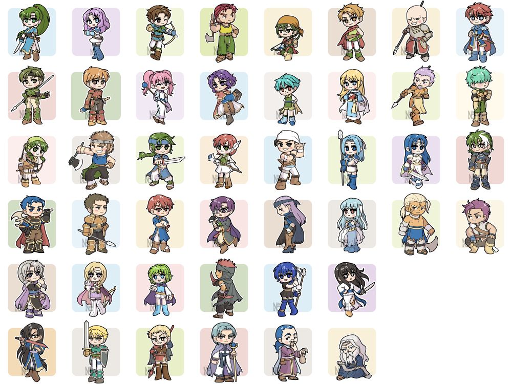 chibi art of all 44 of the playable characters in fire emblem 7. 