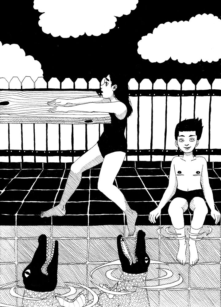 black and white drawing of a person clinging to a plank. they're fighting for their life!